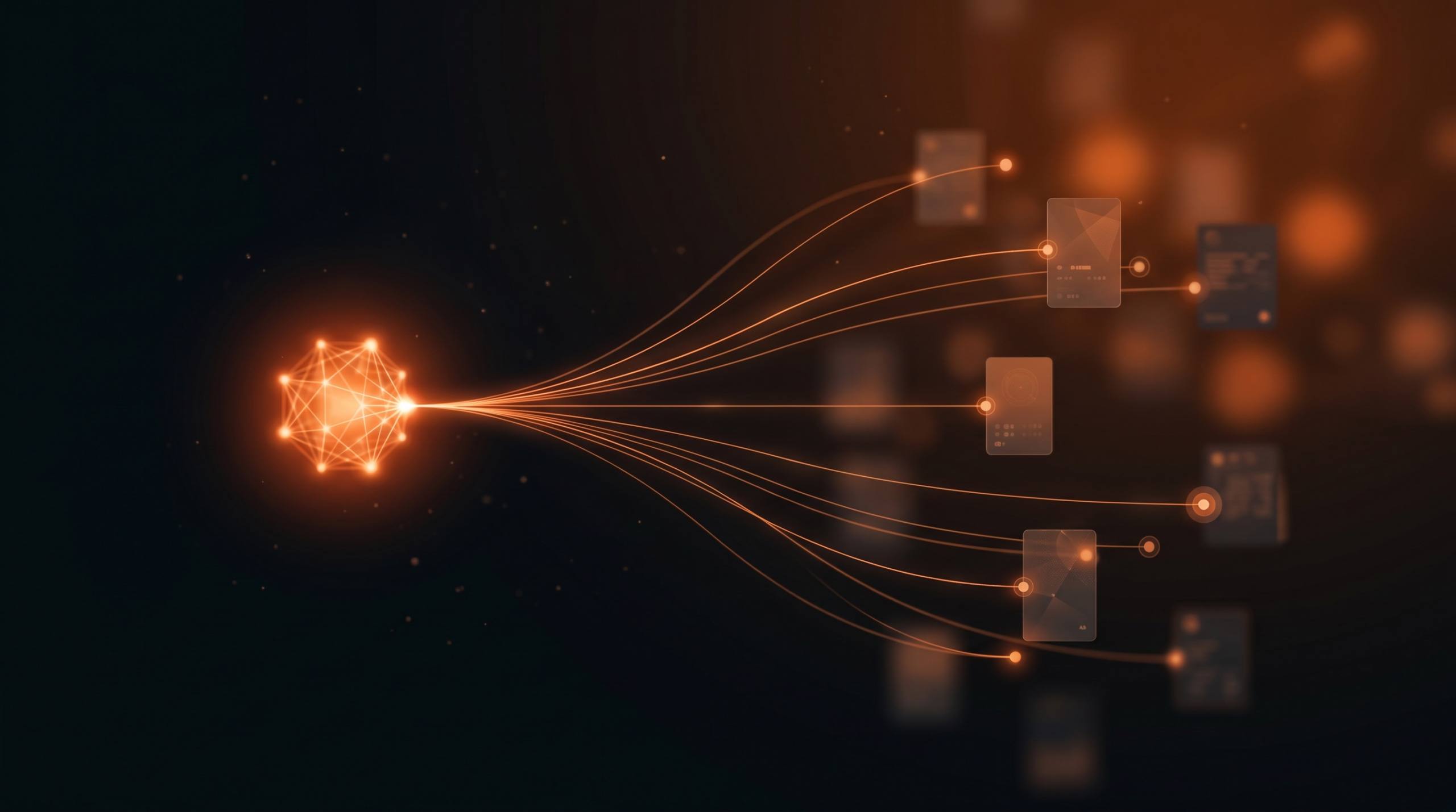 Answer Engine Optimization visualized — an AI answer engine selecting which brand sources to cite, the citation layer an AEO agency engineers and tracks.