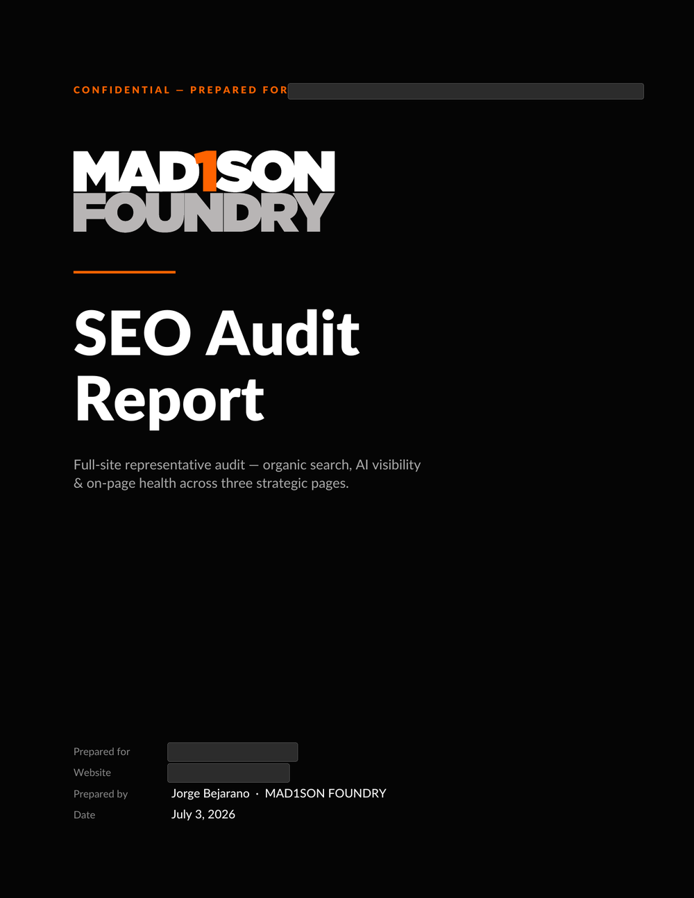 Cover of a MAD1SON FOUNDRY founder-signed SEO & AEO audit report — the branded 48-hour deliverable, with the client name and website redacted.